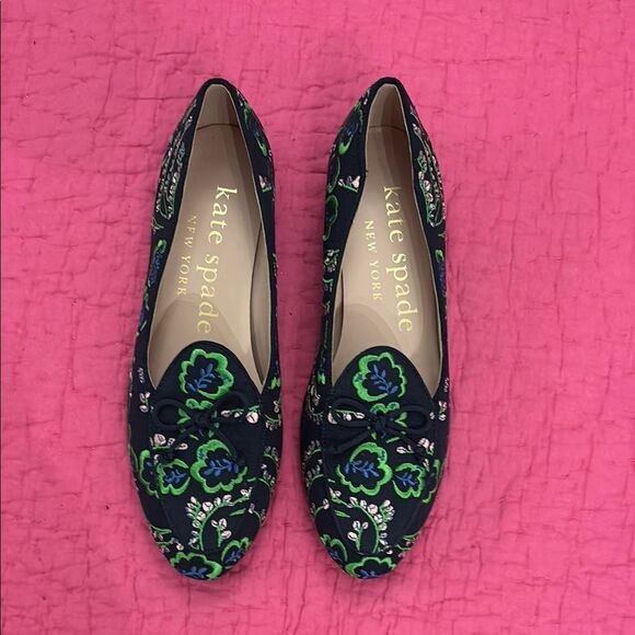 Kate Spade Women's Floral Embroidered Loafers - Black and Green, US6 - Picture 1 of 8